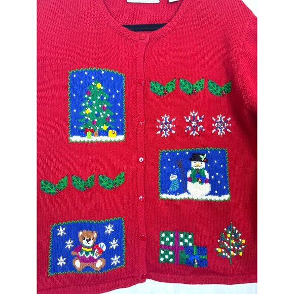 Vtg 90's Christmas Knit Cardigan Sweater Women's XL Red Tree Snowman Snowflakes - Picture 4 of 16